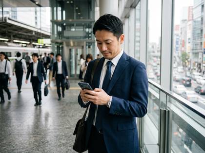 都会の駅でスマートフォンを操作するスーツ姿の日本人男性と街並み。