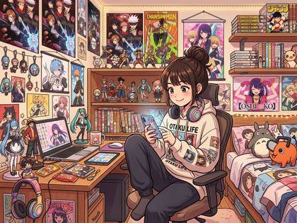 アニメや漫画のグッズで飾られた部屋で、ヘッドホンをつけスマホを見る女性。