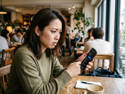 不安げな表情でスマホを見ている女性。