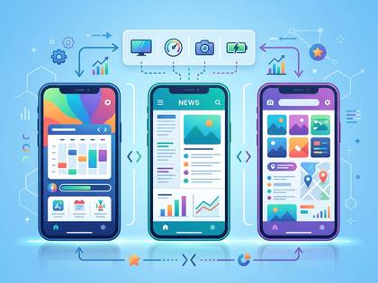 3台のスマートフォンでアプリのUIとデータフローを示すイラスト。