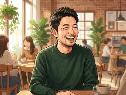 カフェでコーヒーを前に笑顔を見せる男性。