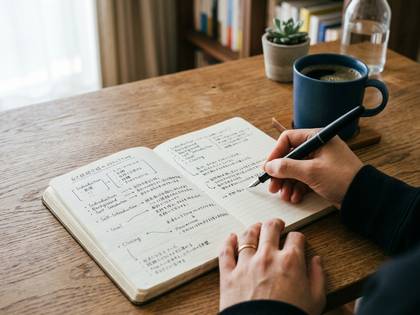木製の机でノートに書き込みをする手元。コーヒーと観葉植物。