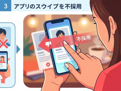 アプリでプロフィールをスワイプし、不採用にする女性。
