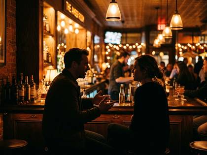 温かい照明のバーで向かい合って座り、会話する男女。