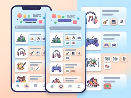 スマホアプリのUIデザイン例。旅行、音楽、ゲームなど様々なカテゴリのコンテンツカードが表示されている。