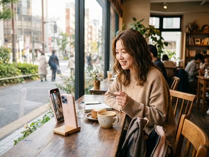 カフェの窓際で、スマホを前に笑顔で談笑する女性。