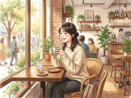 窓際のカフェで、笑顔の女性がコーヒーを飲みながら外を眺める。