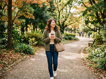 秋の公園の道を、コーヒー片手に笑顔で歩く女性。