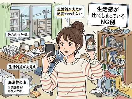 散らかった部屋で自撮りをする女性のイラスト。生活感が出ているNG例。