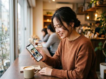 カフェでスマートフォンを見ながら微笑む女性。