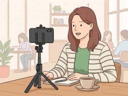 カフェでスマホを三脚に立てて動画配信する女性。
