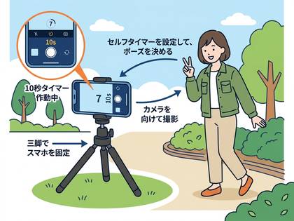 三脚に固定したスマホでセルフタイマー撮影をする女性。