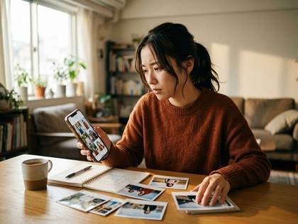 スマホとプリント写真を見比べ考え込む女性