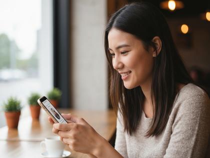 スマホで出会い系アプリを操作する若い女性、カフェで微笑んでいる様子