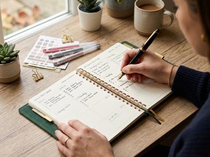 ノートにスケジュールを書き込む女性の手元、おしゃれな手帳とペン