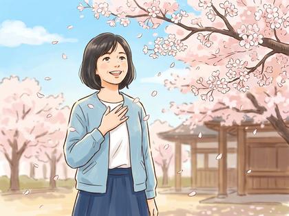 桜の花びらが舞う中で胸に手を当てて微笑む女性のイラスト風画像