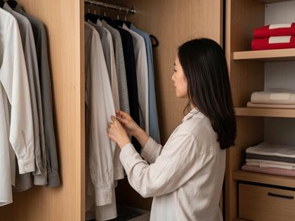クローゼットの中で服を一枚ずつ手に取って選んでいる女性