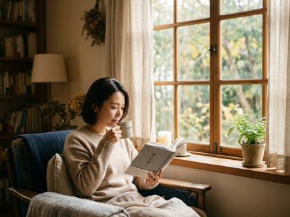 窓辺で本を読みながらコーヒーを飲む女性、柔らかな朝の光