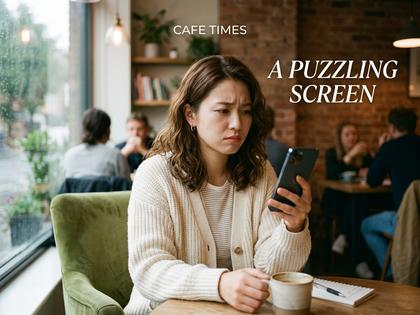 スマホを片手にカフェで悩む20代女性の様子