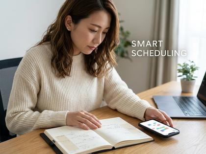カレンダーとスマホを並べてスケジュール管理する女性