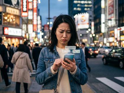 スマホの画面を見て困った表情の女性