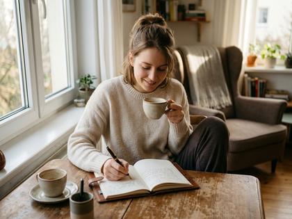 日記をつけながらコーヒーを飲む女性のリラックスした姿