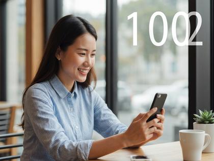 笑顔でスマホを見ながらカフェでくつろぐ女性