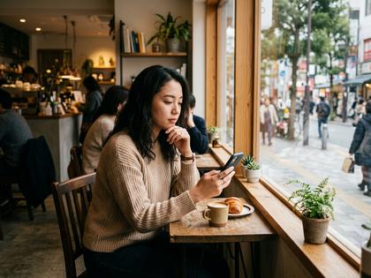 カフェの窓辺でスマホを見つめながら考え込む20代女性