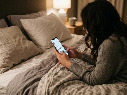 SNSを真剣にチェックしている女性の手元、ベッドの上