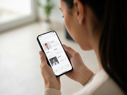 スマホで出会い系アプリのプロフィールを見ている女性のイメージ写真