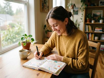 ノートに自分の好きなことを書き出している女性のイメージ
