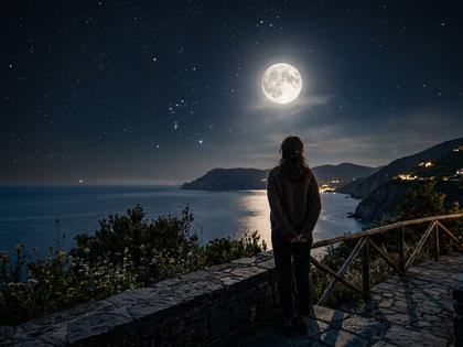 夜空に浮かぶ満月と、見上げる女性の後ろ姿のロマンチックなイメージ