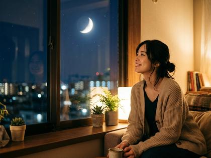 窓辺で月を眺めながら静かに微笑む女性