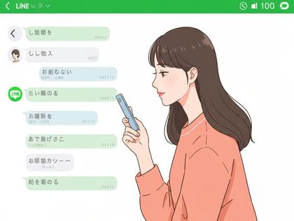 LINEのトーク画面を眺める女性のイラスト