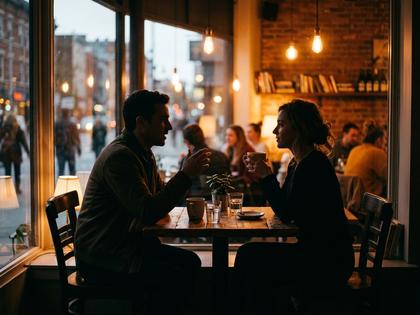 カフェで向かい合って話す男女のシルエット
