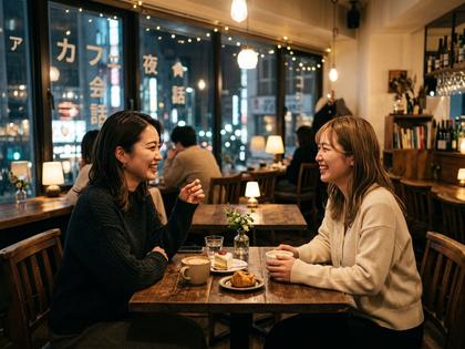 夜のカフェで友人と話す女性たち