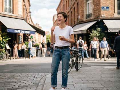 白Tシャツとデニムにショートヘアのボーイッシュな女性が街角で笑っている写真