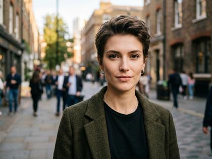 シャープな顔立ちでナチュラルメイクのボーイッシュな女性のポートレート