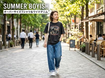 オーバーサイズTシャツとワイドデニム、白スニーカーの夏ボーイッシュコーデ