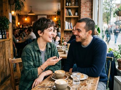 カフェで楽しそうに会話する男女、女性はショートヘアのボーイッシュなスタイル
