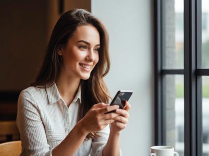 スマホを手に微笑む20代の美しい女性が、カフェで明るい窓辺に座っている様子