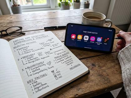 複数のマッチングアプリのアイコンが並んだスマホ画面と、選び方を比較するノート