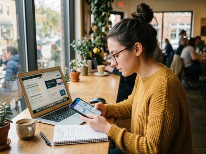 ノートパソコンの前でアプリを比較しながらメモを取る20代女性のイメージ