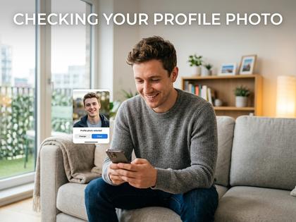 スマホでプロフィール写真を確認しながら笑顔の男性、明るいリビングの背景