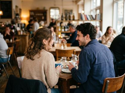 カフェのテーブル越しに笑顔で会話する20代カップルの後ろ姿