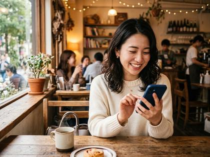 スマホを見ながらカフェで微笑む20代女性