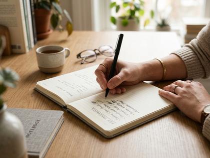 ノートにポイントを書き出す女性の手元