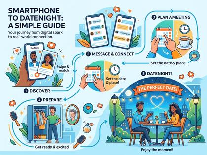 スマホ操作からデートまでのステップを示すイラスト
