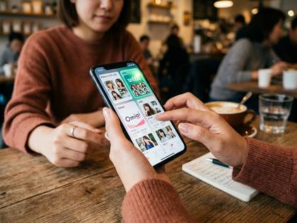 カフェでスマホの画面を共有する女性たち。多数の顔写真が表示されている。