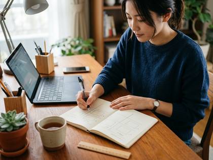 ノートパソコンがあるデスクで、ノートに書き物をする女性。